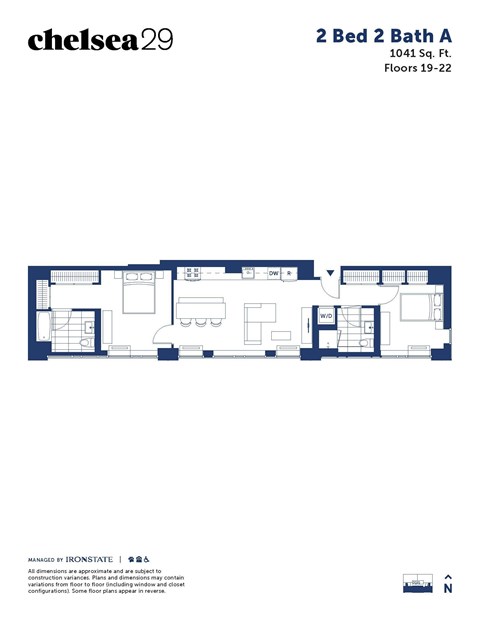 Floor plan for 2 beds, 2 baths, 1041 sqft